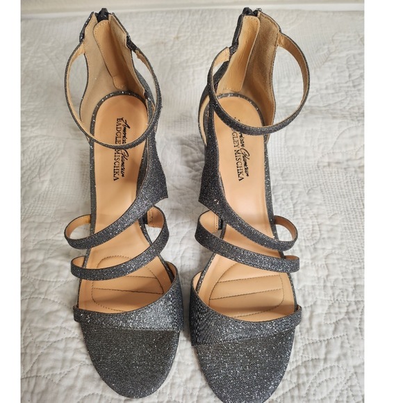 American Glamour Badgley‎ Mischka Silver Sparkle Strappy Heels Size 11 Heel 3" - Picture 1 of 8